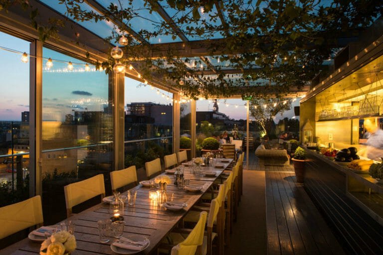 Festoon-lit orangery on the Boundary rooftop in Shoreditch