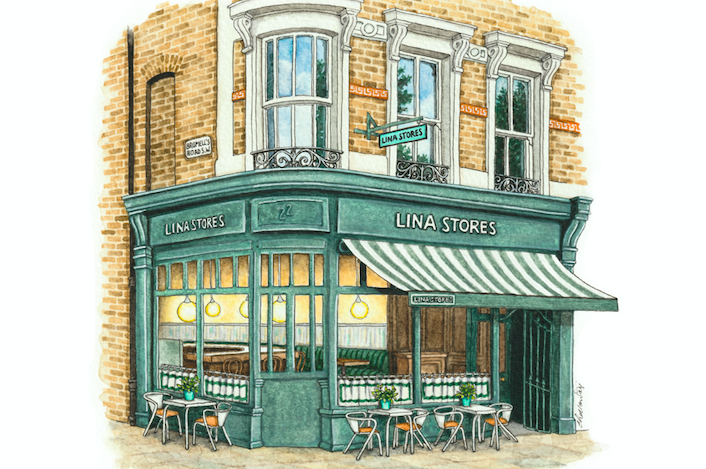 Lina Stores Clapham exterior watercolour illustration