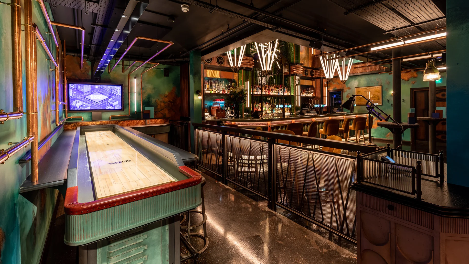 Electric Shuffle Canary Wharf | Dazzling Tabletop Shuffleboard Bar