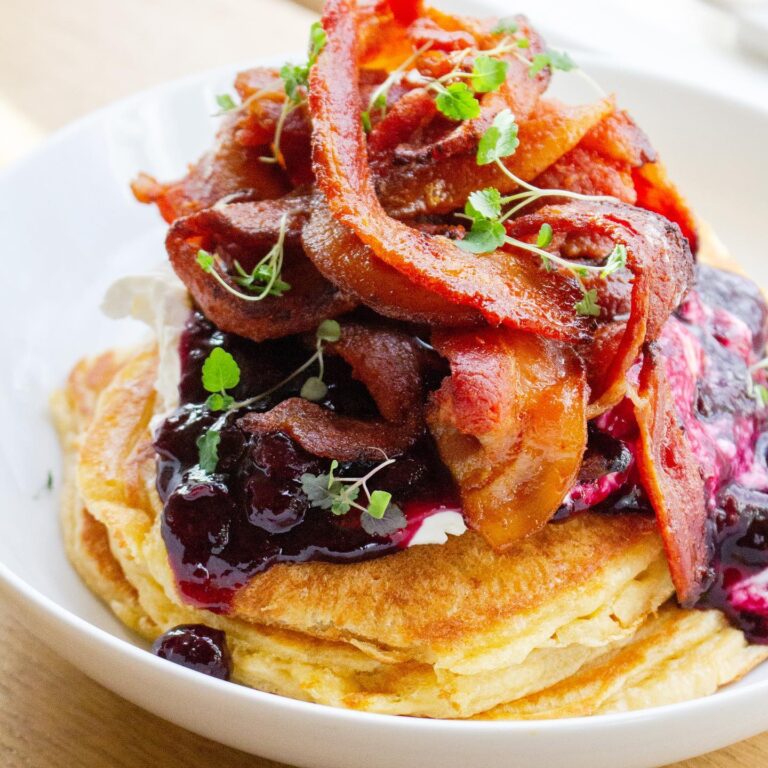 Pear Tree Cafe pancakes with berry and bacon