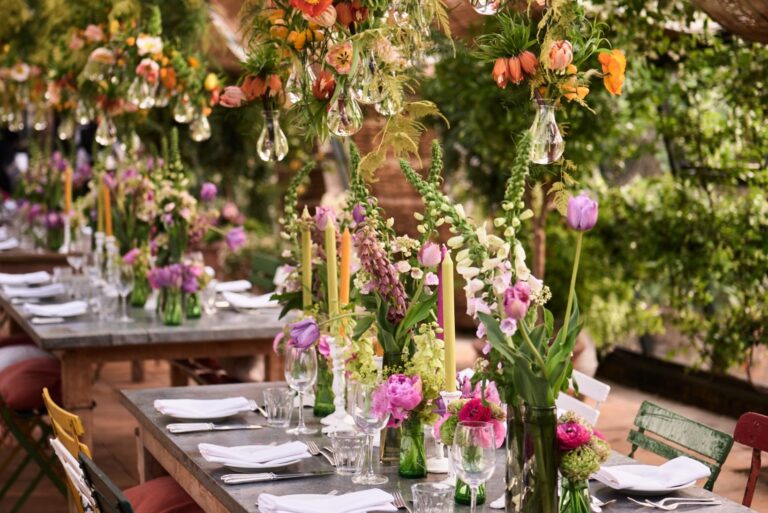 restaurant dining table with fox gloves 